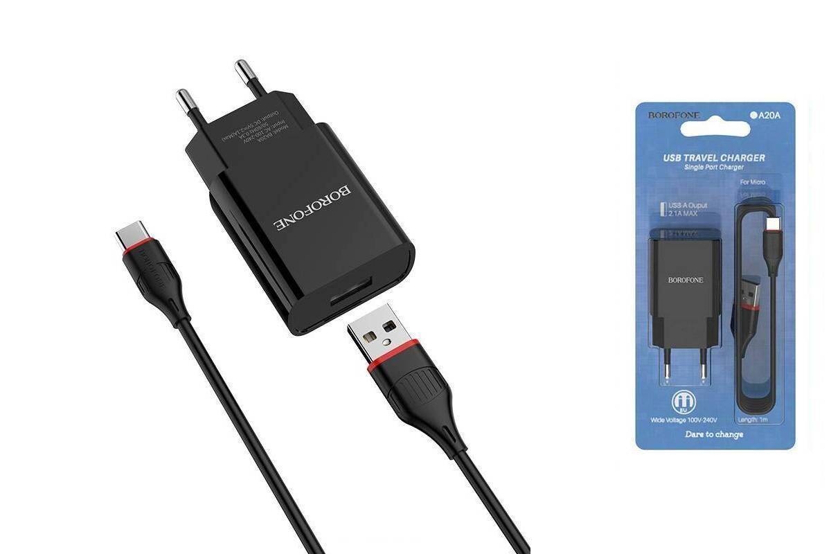 Адаптер сетевой + кабель Type-C Borofone BA20A 2.1A 1USB Черный Адаптер сетевой + кабель Type-C Borofone BA20A 2.1A 1USB Черный — изображение 1