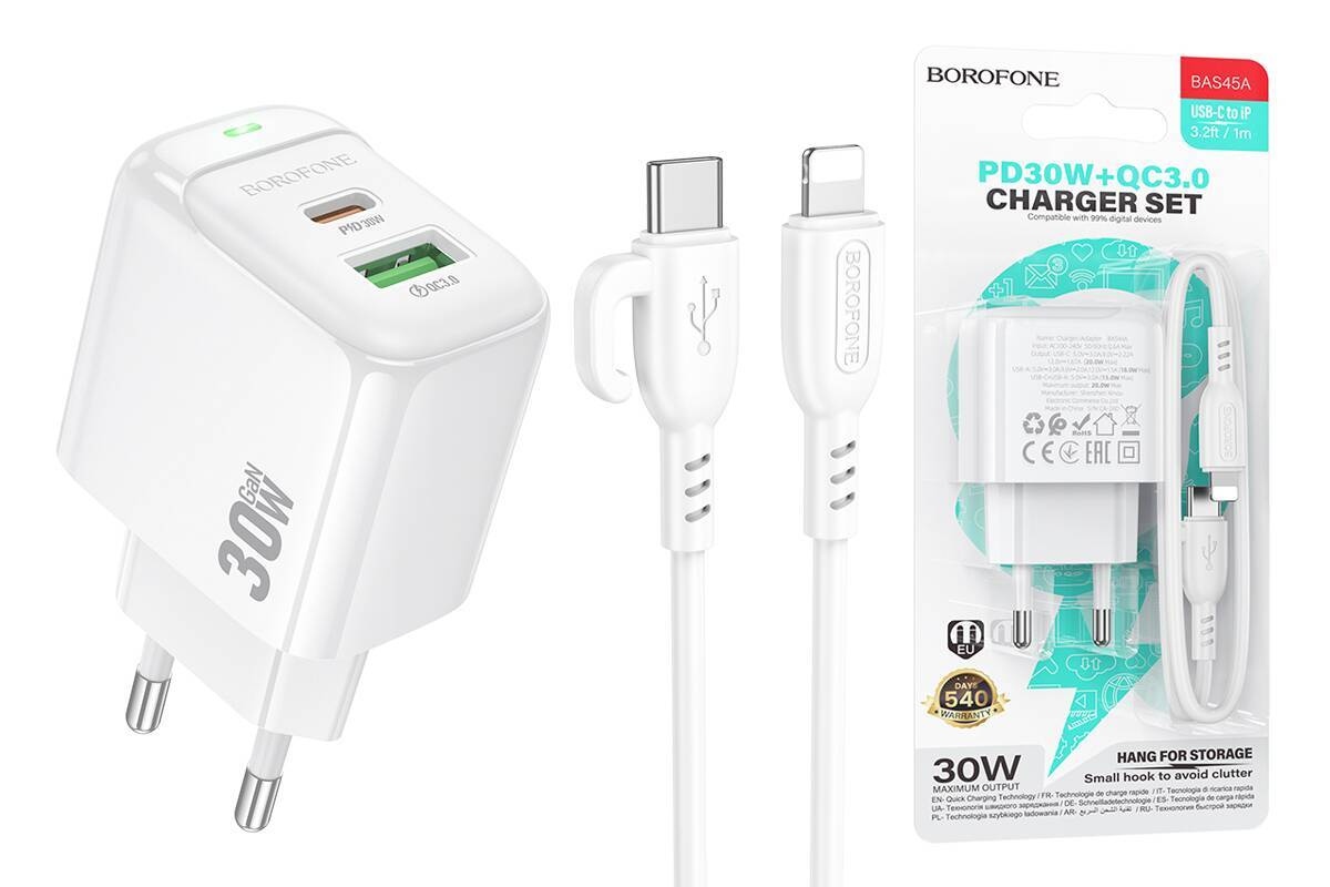Сетевое зарядное устройство Borofone BAS45A 30W USB to Type-C+кабель Type-C Lightning Белый Сетевое зарядное устройство Borofone BAS45A 30W USB to Type-C+кабель Type-C Lightning Белый — изображение 1