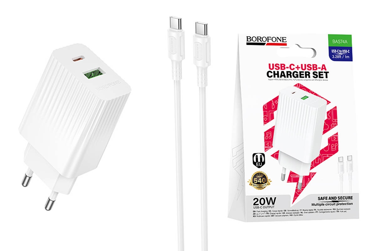 Сетевое зарядное устройство Borofone BAS74A 20W USB to Type-C+кабель Type-C Type-C Белый Сетевое зарядное устройство Borofone BAS74A 20W USB to Type-C+кабель Type-C Type-C Белый — изображение 1