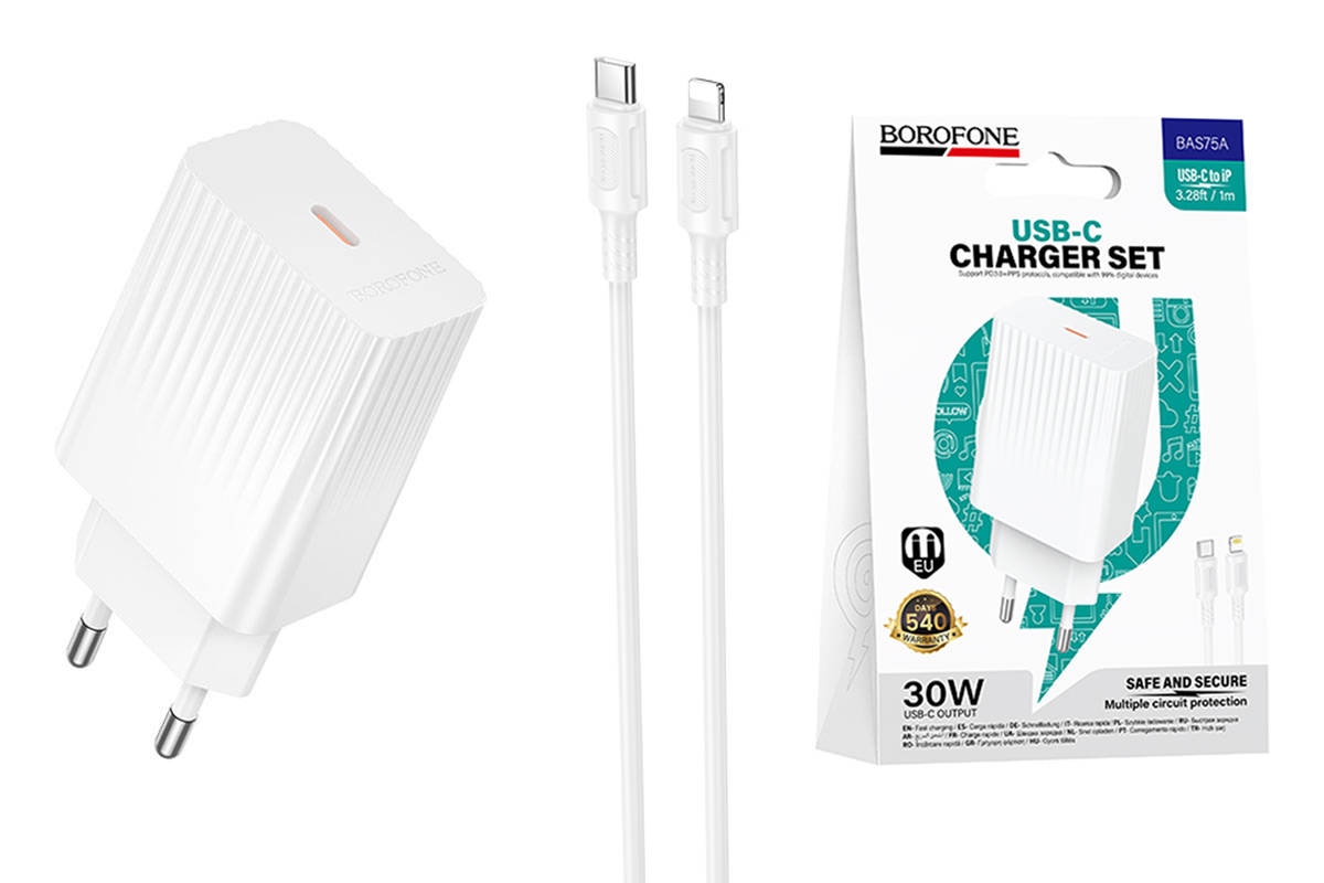 Сетевое зарядное устройство Borofone BAS75A 30W USB-C+кабель Type-C Lightning Белый Сетевое зарядное устройство Borofone BAS75A 30W USB-C+кабель Type-C Lightning Белый — изображение 1