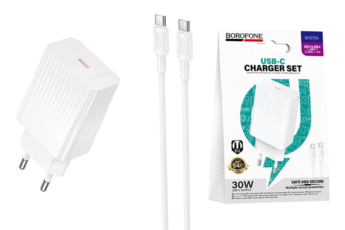 Сетевое зарядное устройство Borofone BAS75A 30W USB-C+кабель Type-C Type-C Белый Сетевое зарядное устройство Borofone BAS75A 30W USB-C+кабель Type-C Type-C Белый — изображение 1