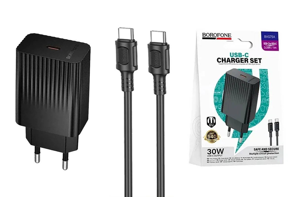 Сетевое зарядное устройство Borofone BAS75A 30W USB-C+кабель Type-C Type-C Черный Сетевое зарядное устройство Borofone BAS75A 30W USB-C+кабель Type-C Type-C Черный — изображение 1