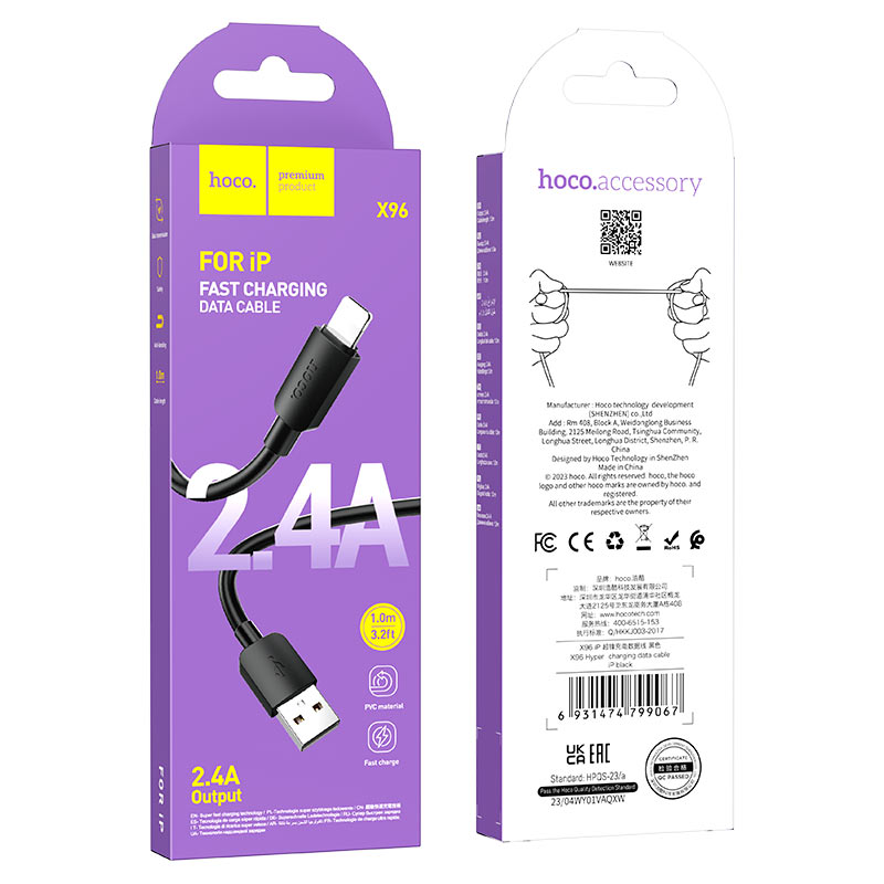 USB кабель Lighting Hoco Premium Product X96 черный USB кабель Lighting Hoco Premium Product X96 черный — изображение 1