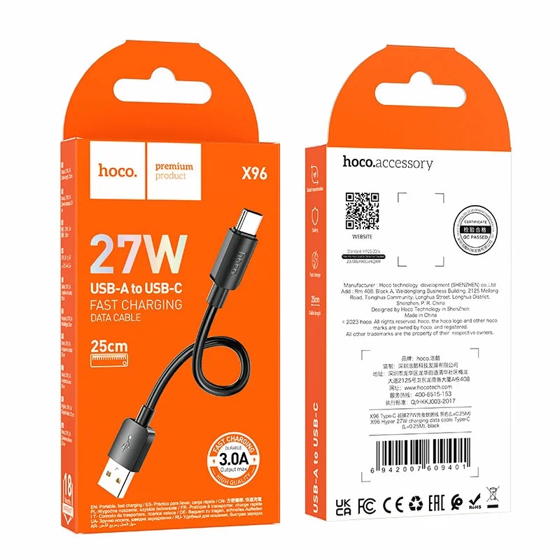 USB кабель Type-C to Type-C Hoco Premium Product X96 27W 25см черный USB кабель Type-C to Type-C Hoco Premium Product X96 27W 25см черный — изображение 1